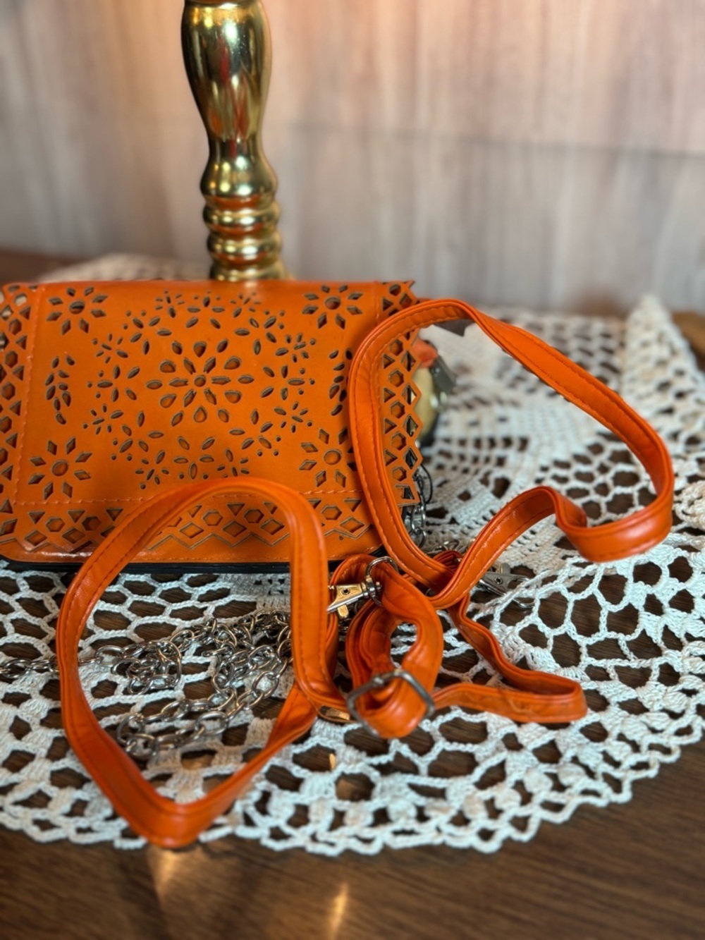 Victoria Leland Design Orange Laser-Cut Leather Crossbody Bag with Chain Strap - Picture 3 of 7